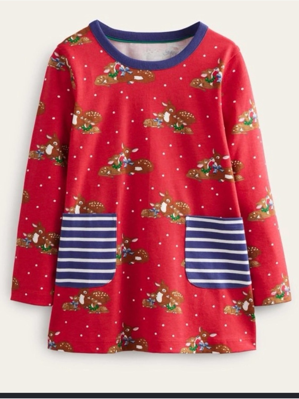 Like New Mini Boden Girls' Red Reindeer Rockabilly Pocket Tunic